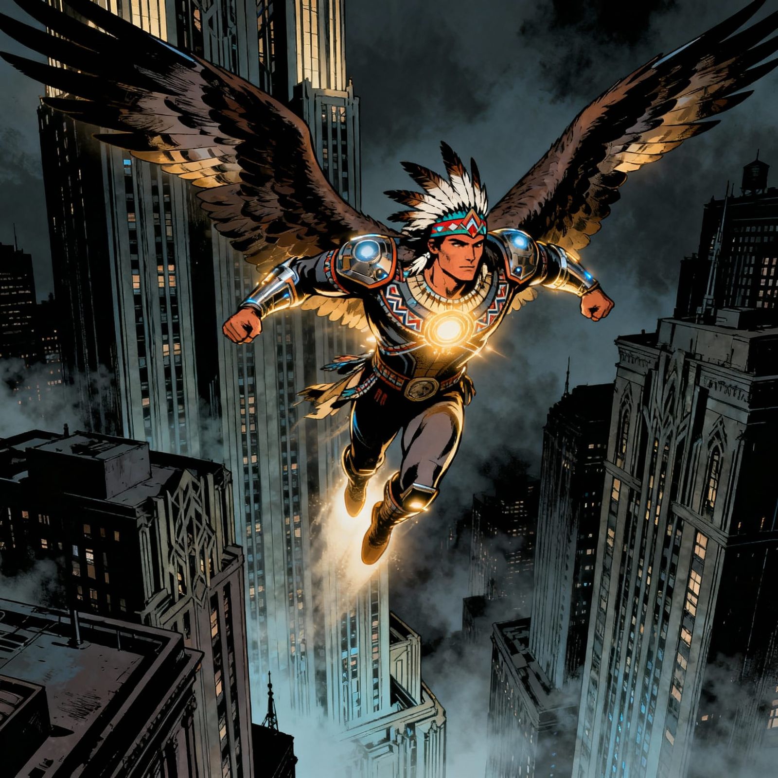 Native American Hawk Superhero Leaps Between Art Deco Skyscr...