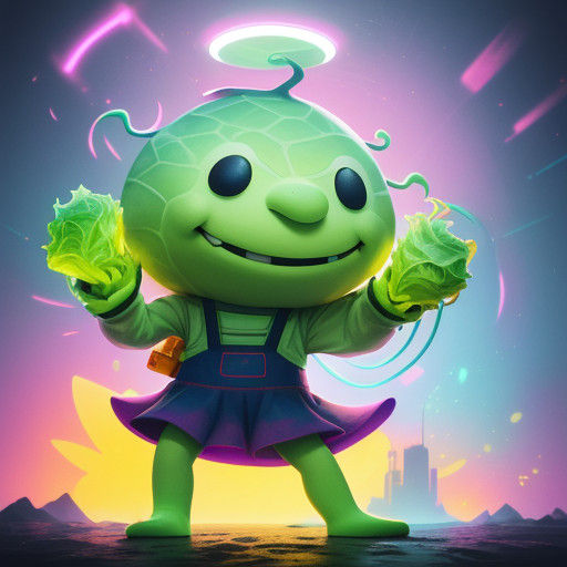 Cutesy Futuristic Cabbage Character in Neon City