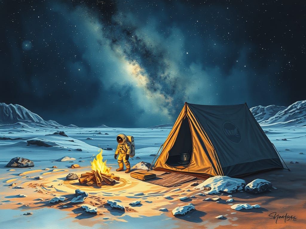 Astronaut's Epic Winter Campsite on Mars, in Gouache Style