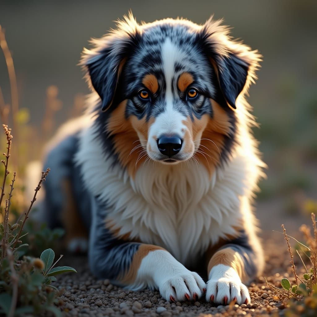 Regal Australian Shepherd in Golden-Hour Landscape