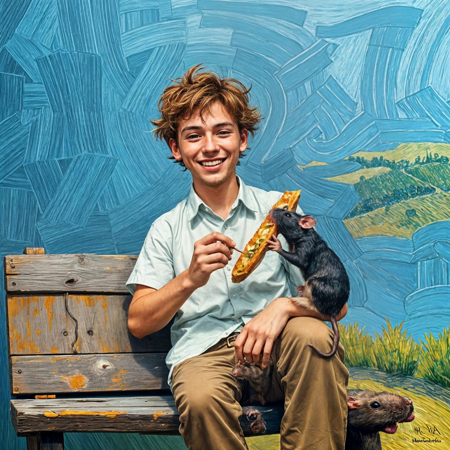 Man and Rat Sharing Lunch as Van Gogh Painting