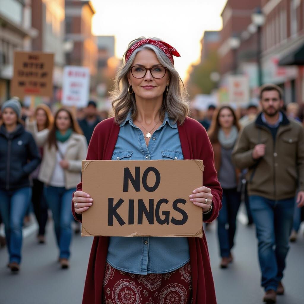 Woman Protesting on City Street in Golden Hour Light