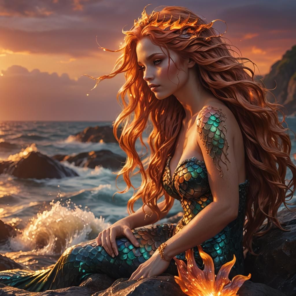 Mermaid with Fiery Hair in Fantasy Illustration