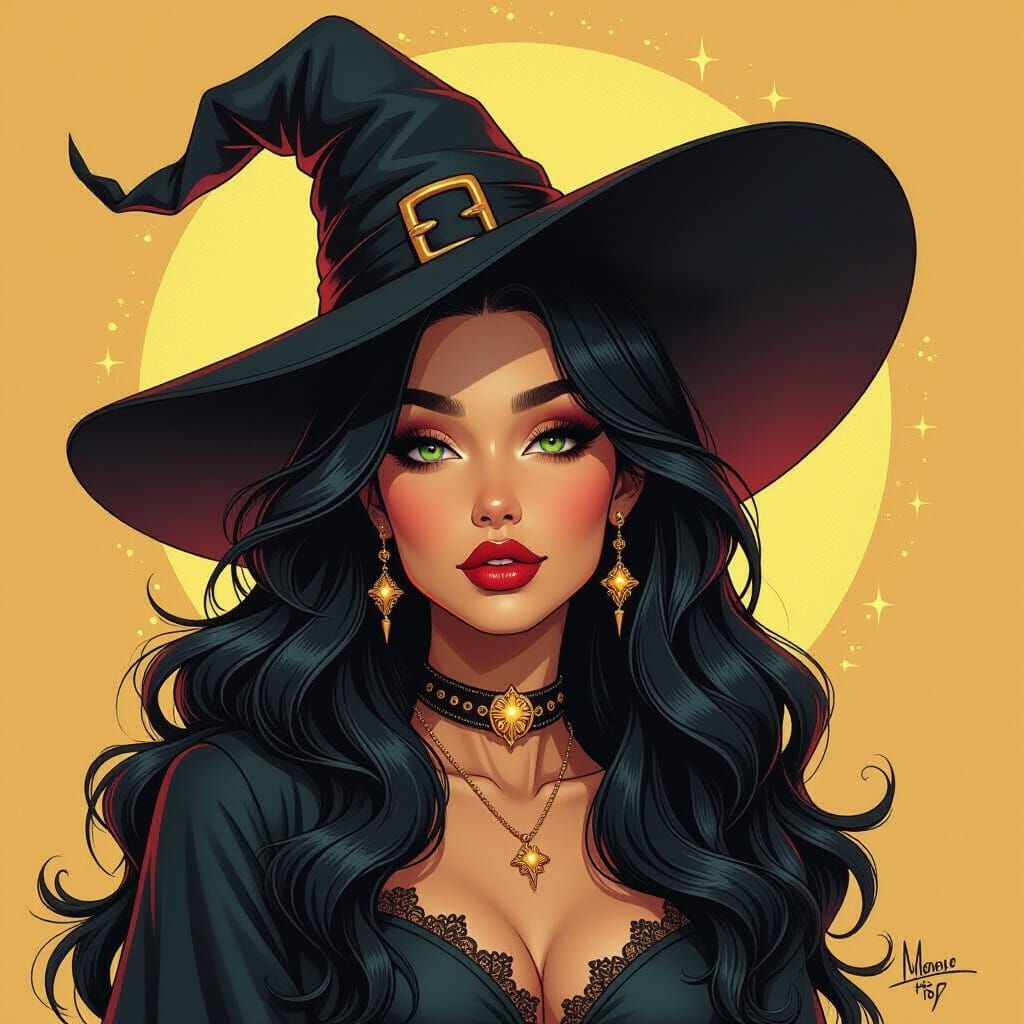 Vibrant Cartoon Witch Double Exposure in Gold