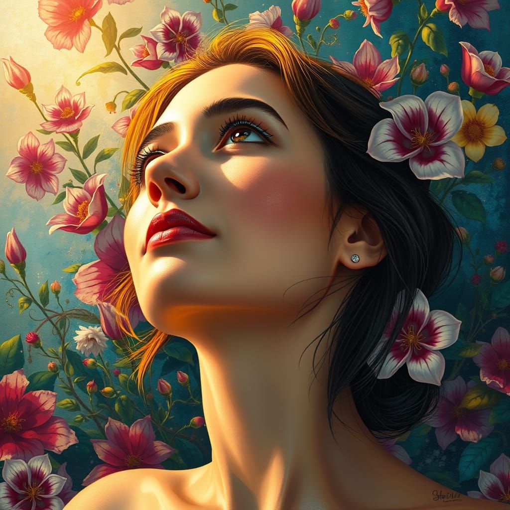 Enigmatic Woman in Vibrant Floral Wonderland