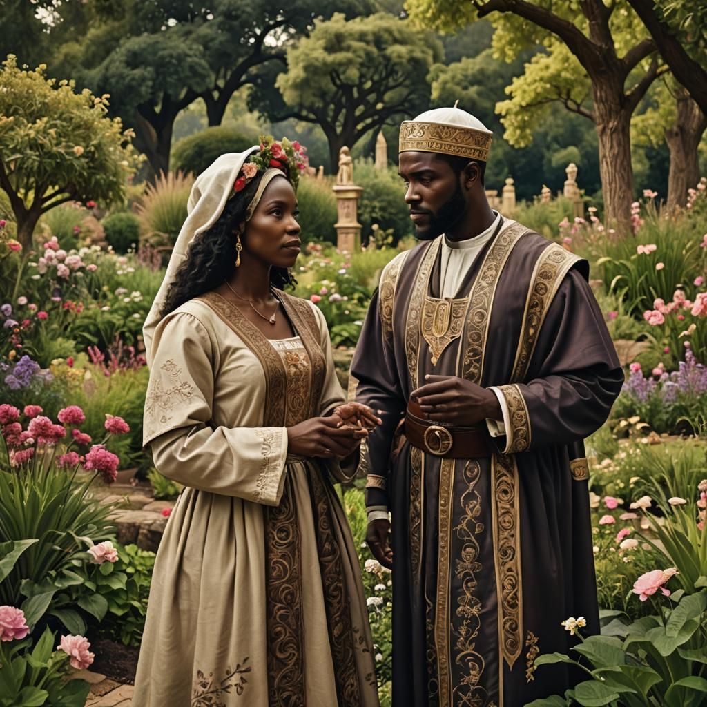 Biblical Couple Admiring a Garden Paradise