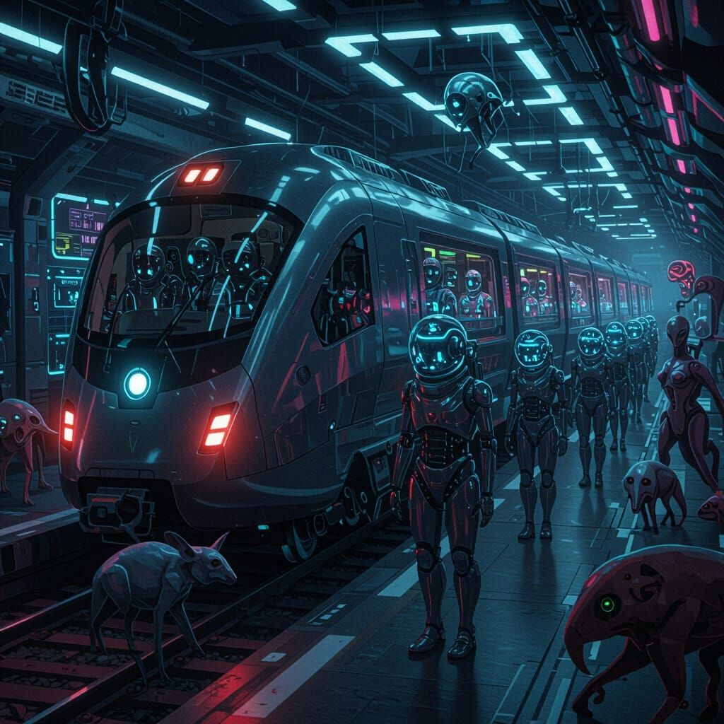 Intergalactic Train with Sci-Fi Characters in Cyberpunk Styl...
