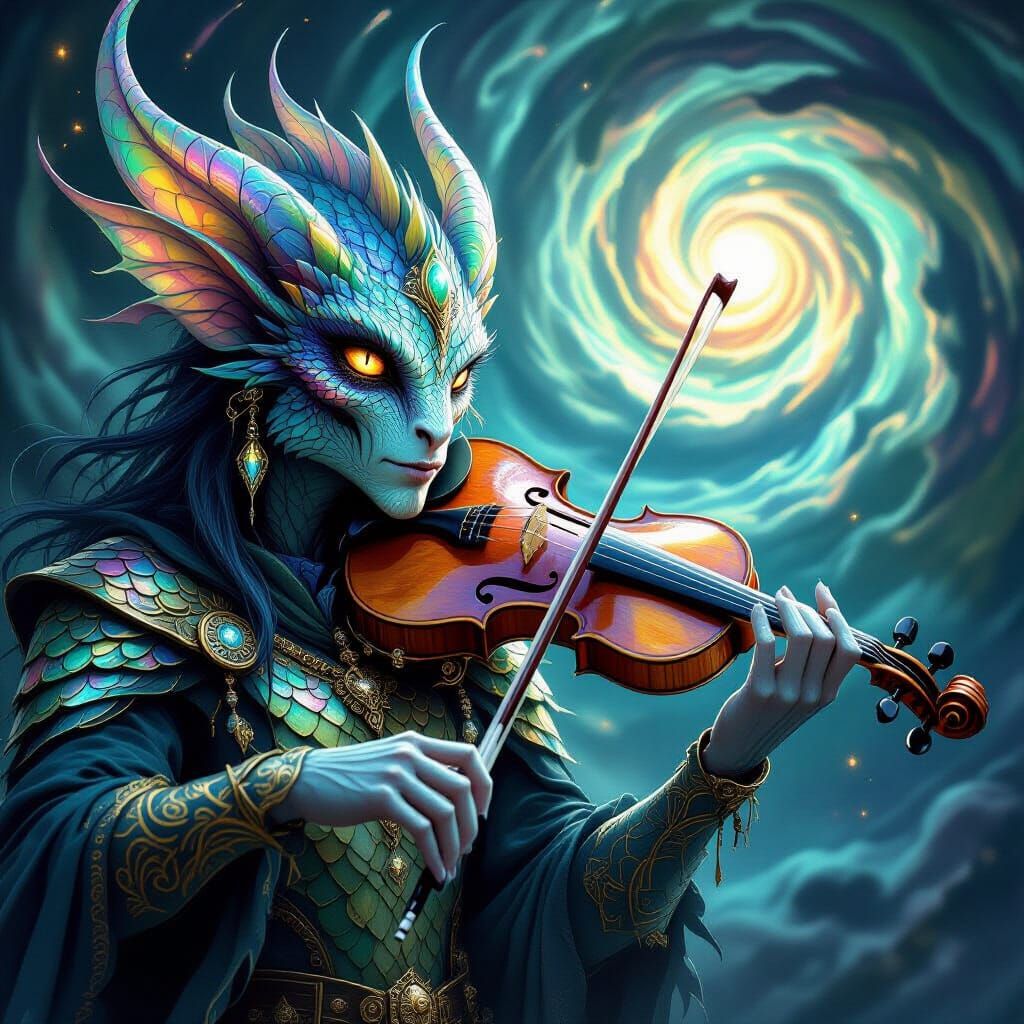 Fantastical Creature Plays Spectral Violin in Cosmic Vortex