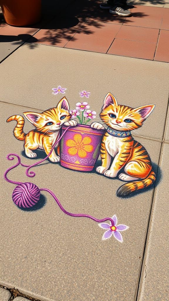 Vibrant Chalk Art of Playful Kittens in Whimsical Street Sce...