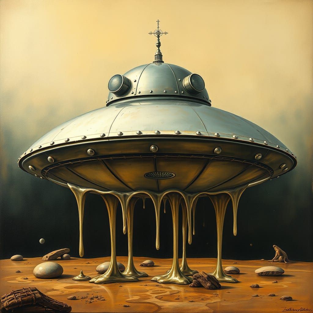 Surreal Melting Flying Saucer in Dreamlike Surrealism