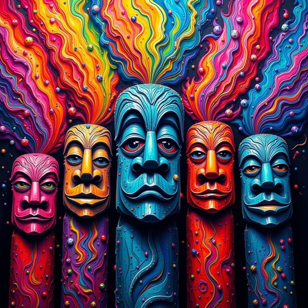 Tiki Figures Erupting in Explosive Color Patterns