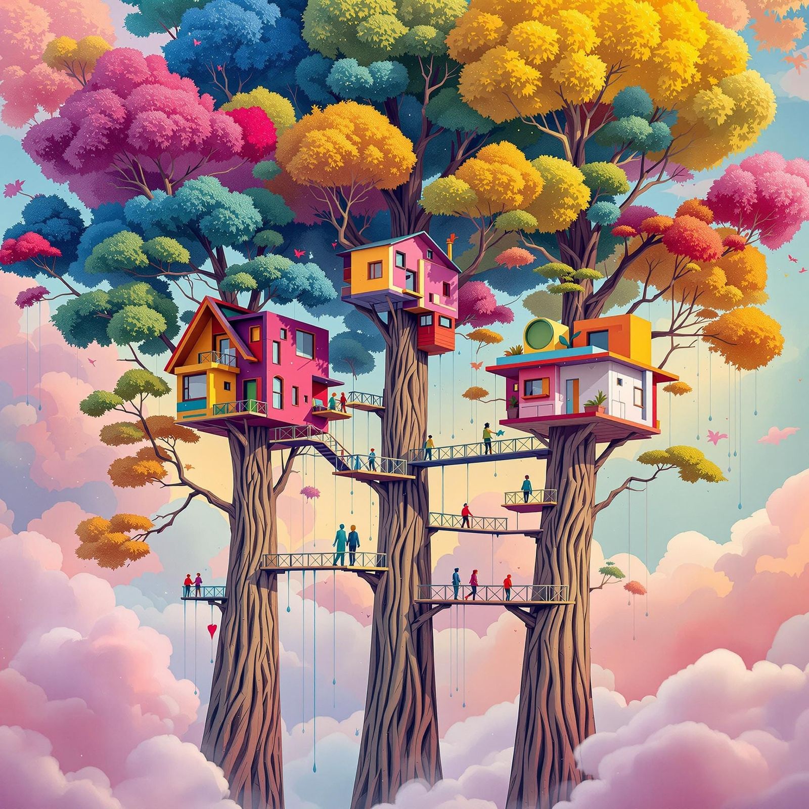 Cubist Treehouses in Vibrant Abstraction
