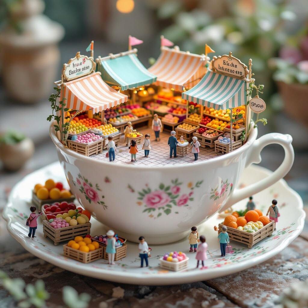 Miniature Fantasy Market Inside a Teacup