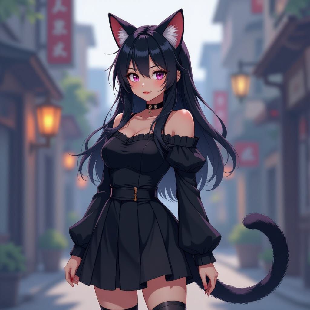 Goth Cat Girl in Dynamic Cel-Shaded Anime Style