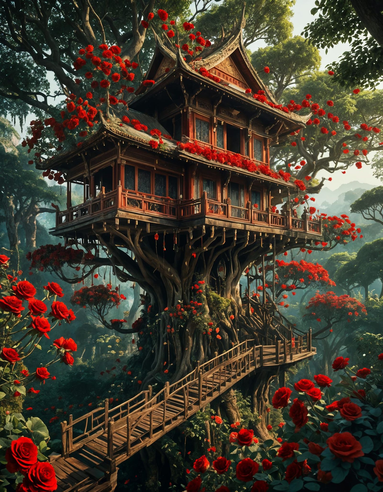 Intricate Rose Temple Treehouse in Fantasycore Style