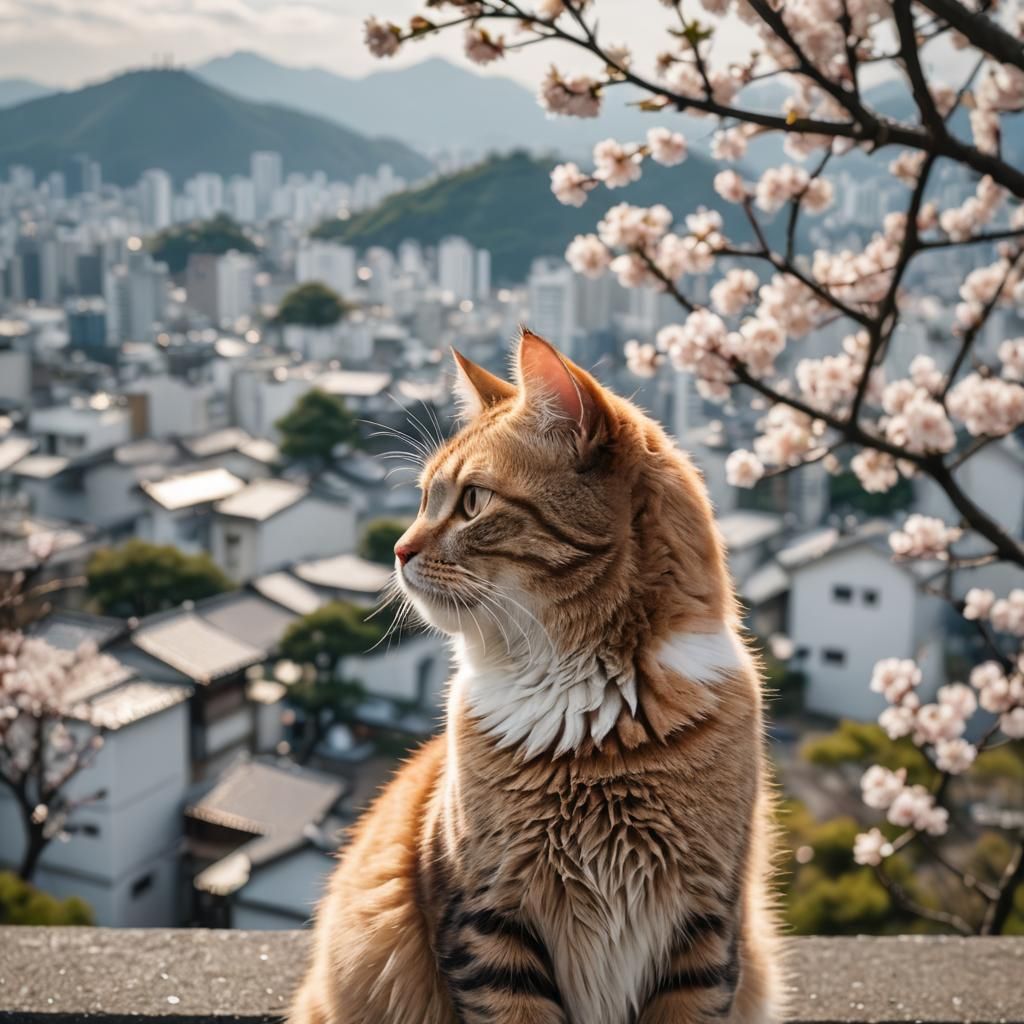 Cat Observes Japanese Vista in Professional Photo