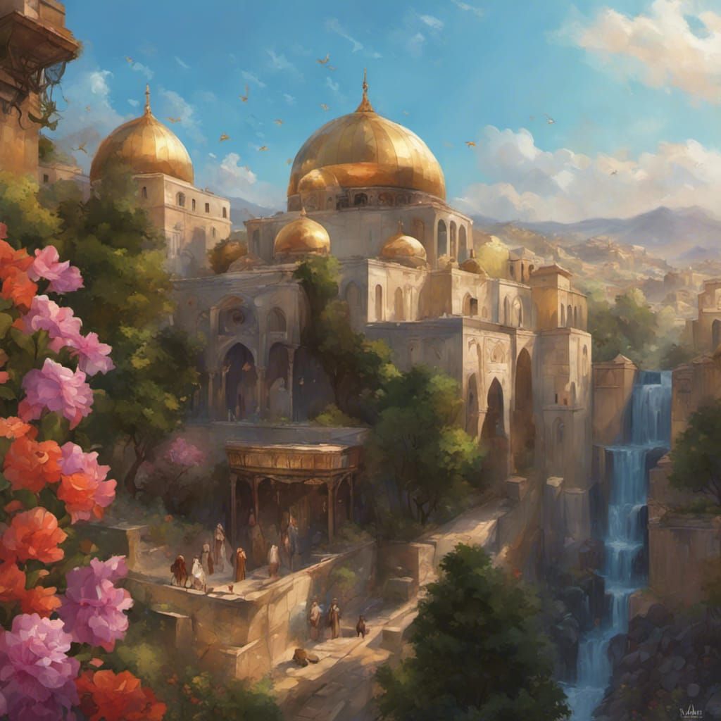 Persian Town Alley with Golden Domes and Mosaics