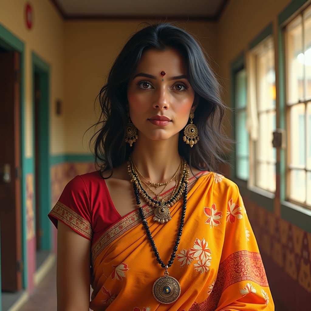 Indian Woman in Sari: A Blend of Artistic Styles