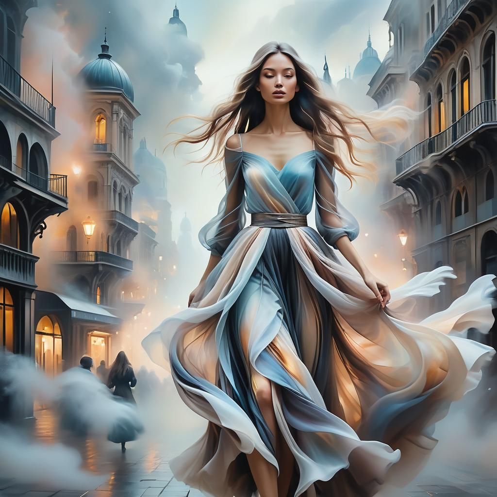 Surreal Woman Between Worlds in Dreamlike Oil Painting