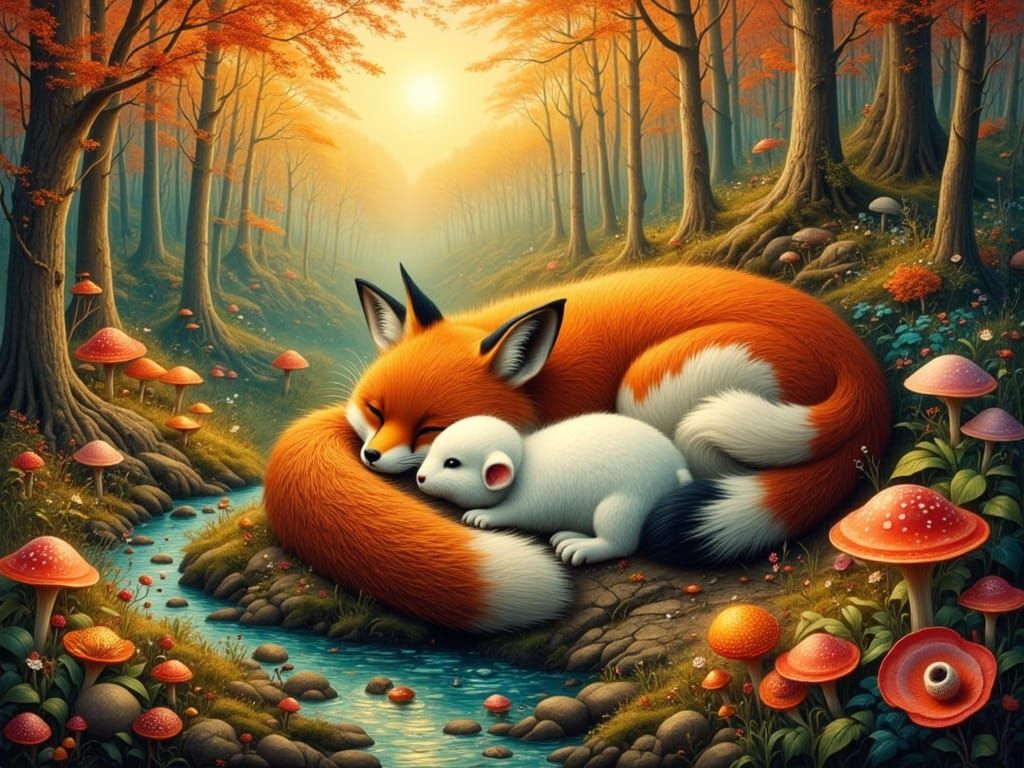 Fox and Rabbit Sleeping in Autumn Fantasy Forest