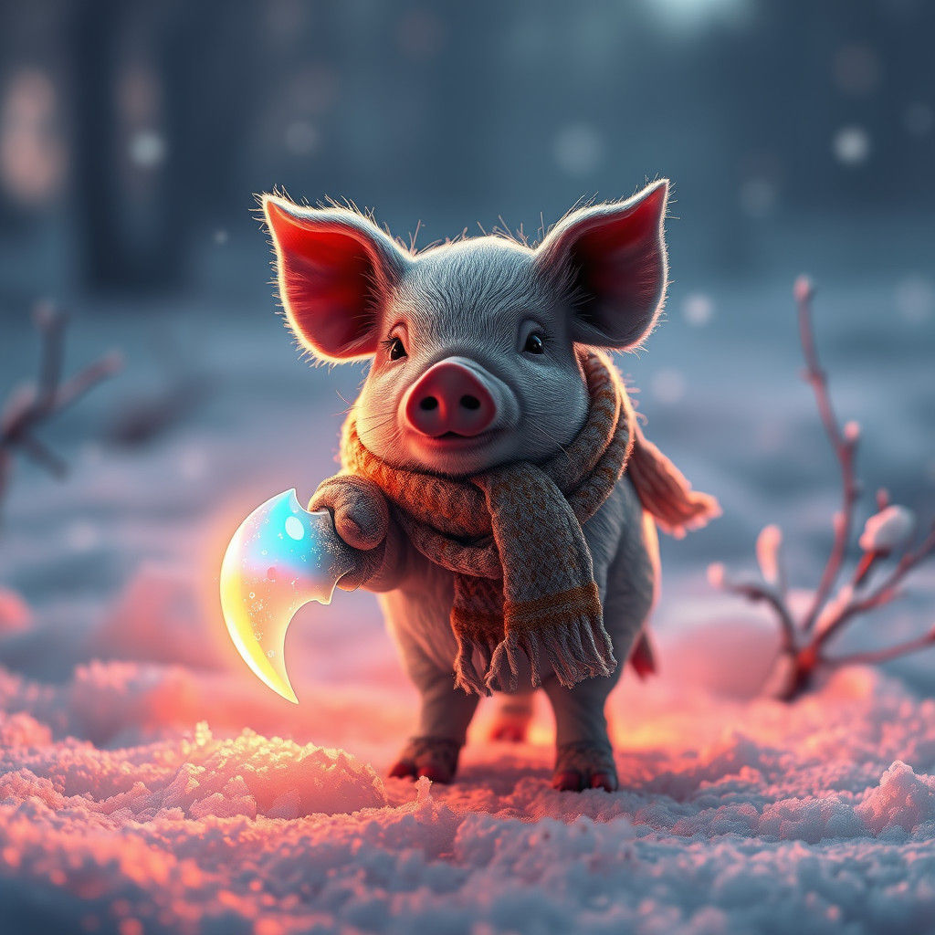 Piglet in Winter with Neon Blade: Fantasy Concept Art