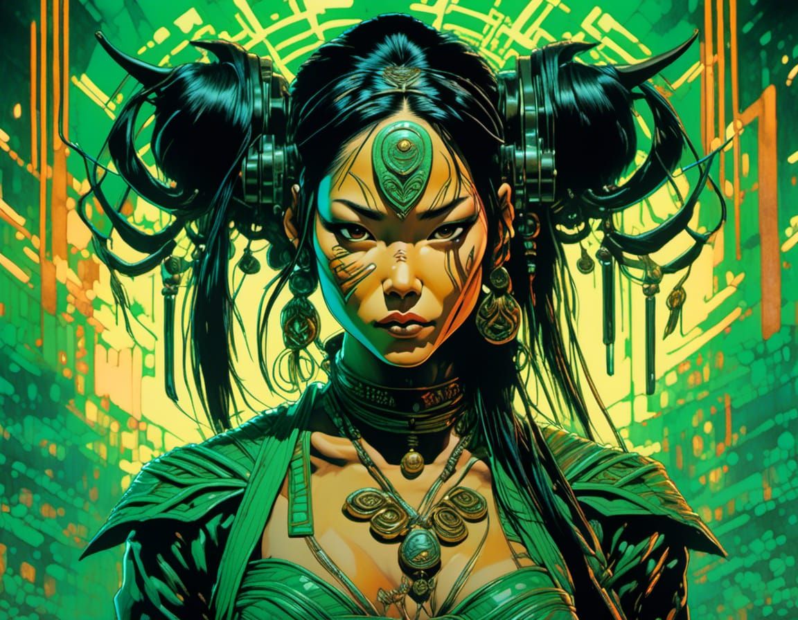 Badass Cybercore Asian Iroquois Lady Illustration