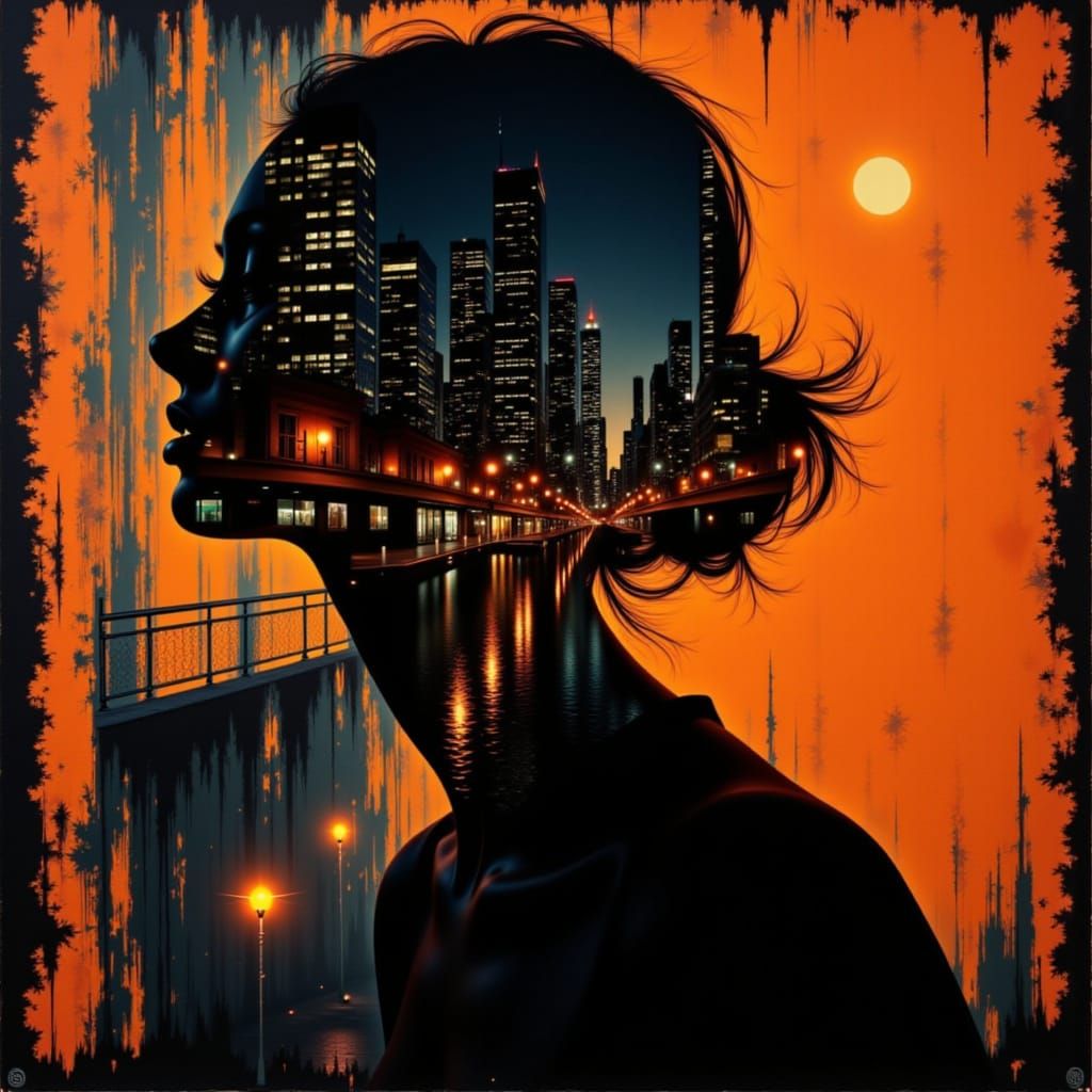 Woman Double Exposure Portrait with Cityscape and Abstract P...