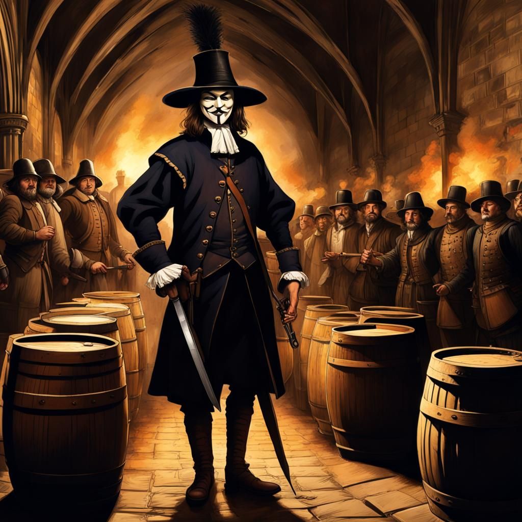Guy Fawkes in Parliament Cellar with Gunpowder
