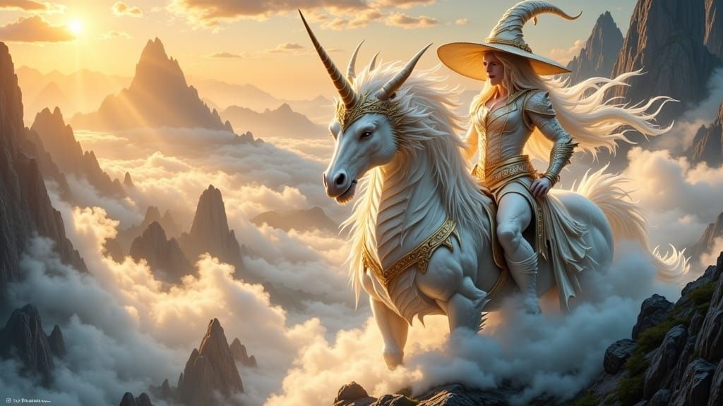 Wizard on Unicorn in Mystical Golden Realm