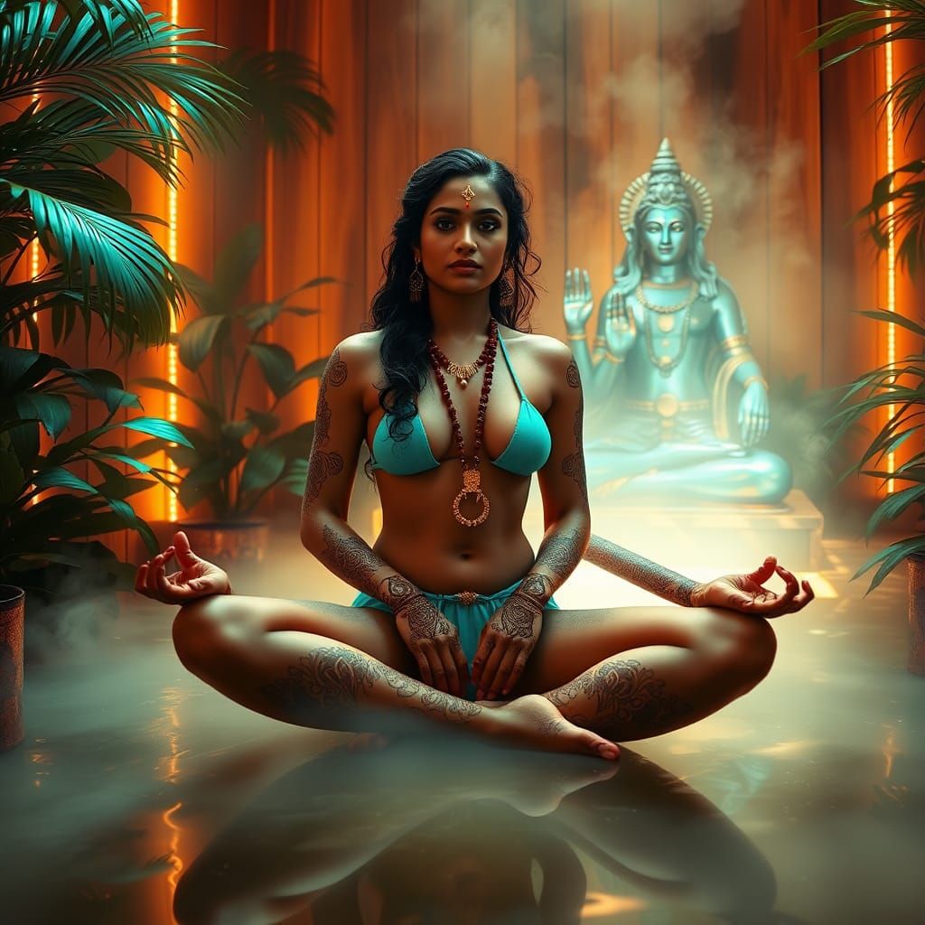 Serene Indian Woman Meditating with Shiva in Sauna
