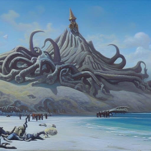 Azathoth Attacks Beach: Lovecraftian Oil Painting