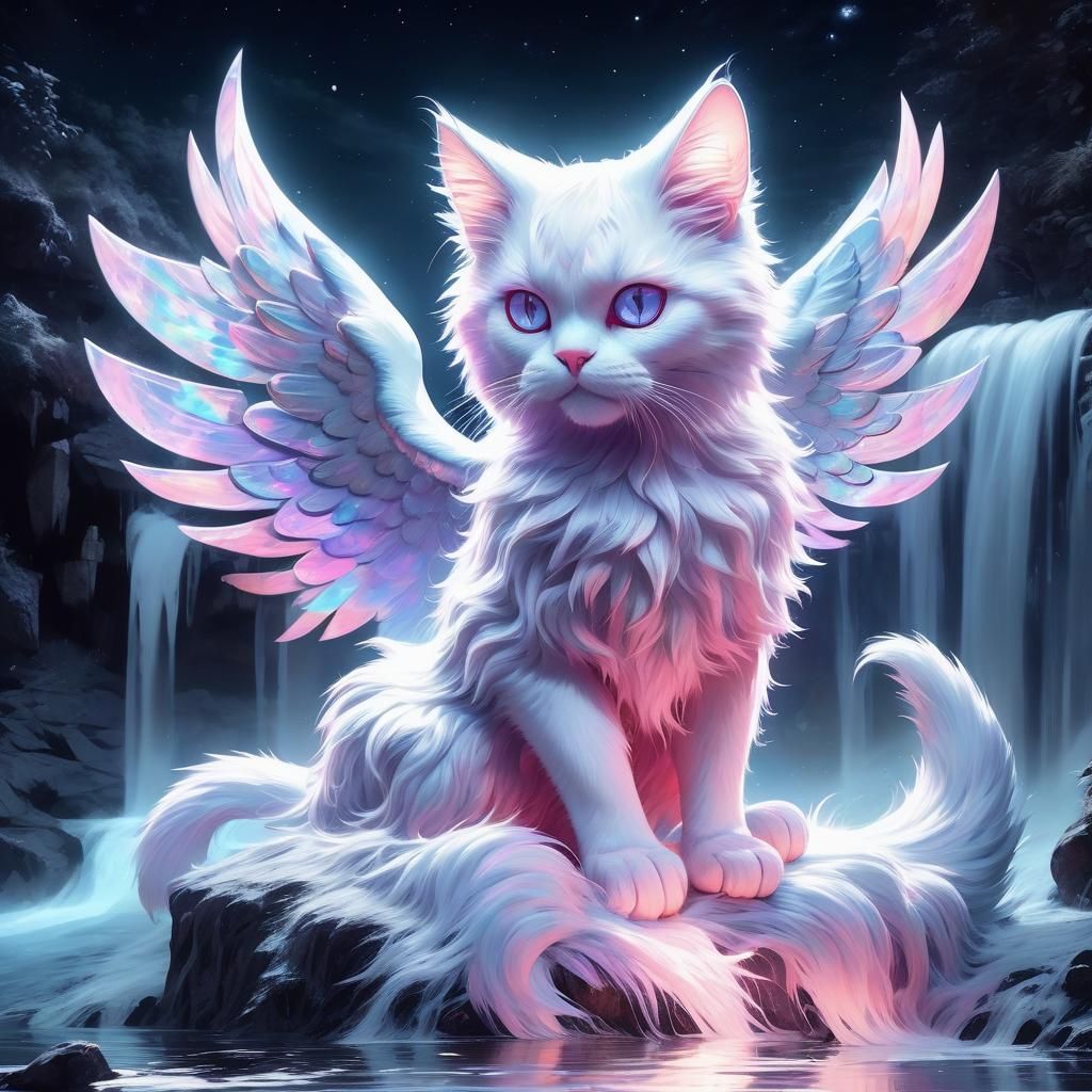 Holographic Cat Creature with Kitten by Waterfall