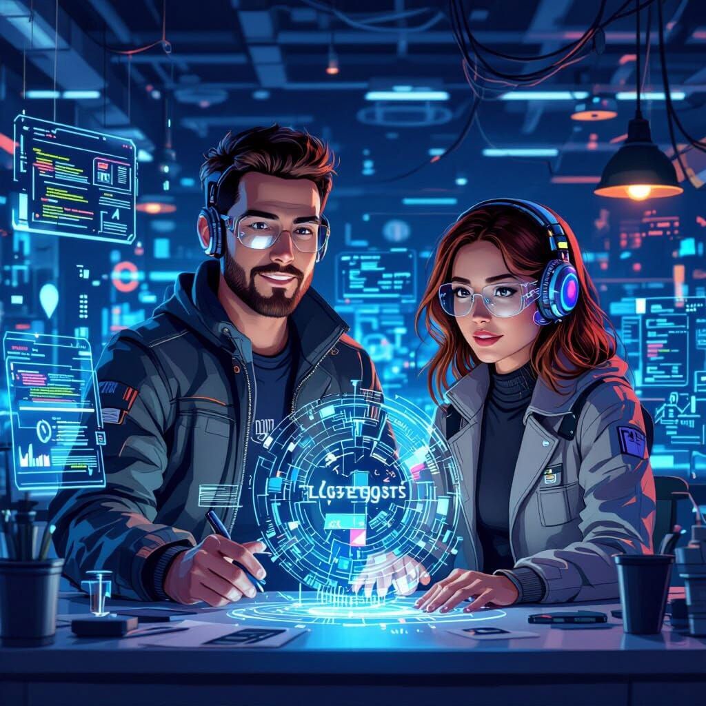 Cyberpunk AI in Future Lab Creating Websites