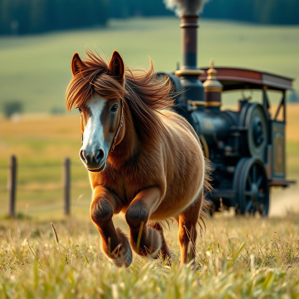 Steampunk Shetland Pony Galloping Through Field