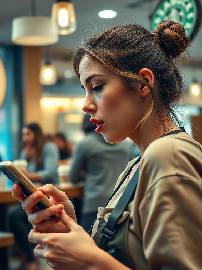 Excited Woman Scrolling Phone in Vibrant Cafe