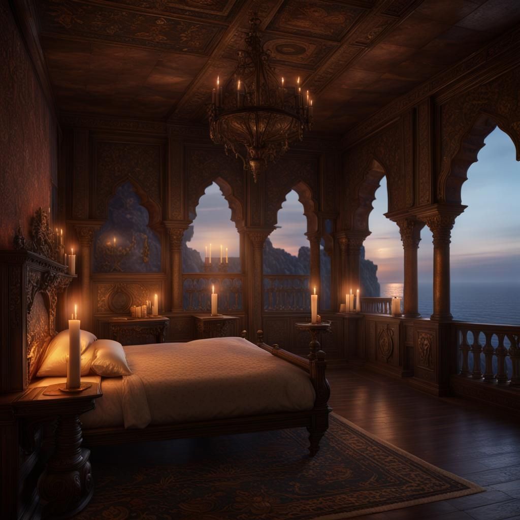 Mediterranean Palace Bedchamber in Dark Fantasy Style