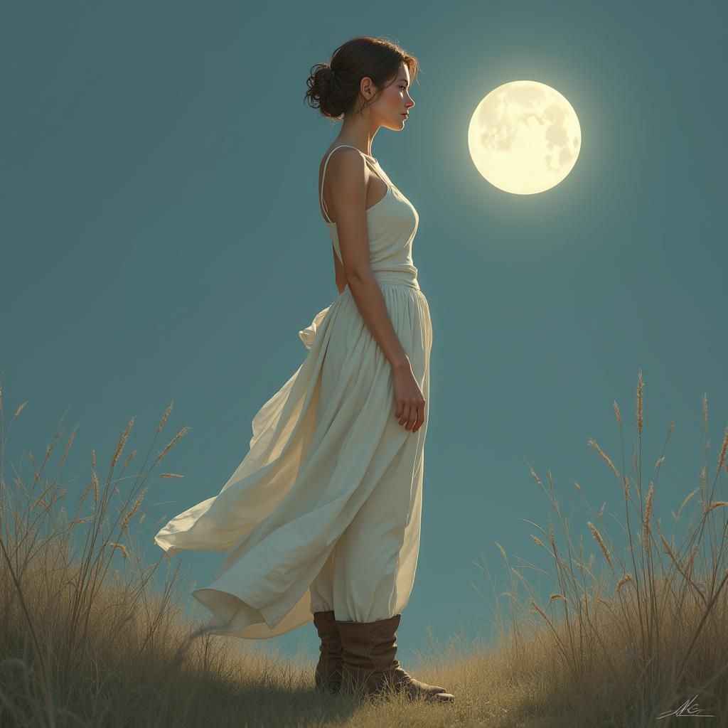 Moonlit Woman's Sartorial Elegance: A Matte Painting