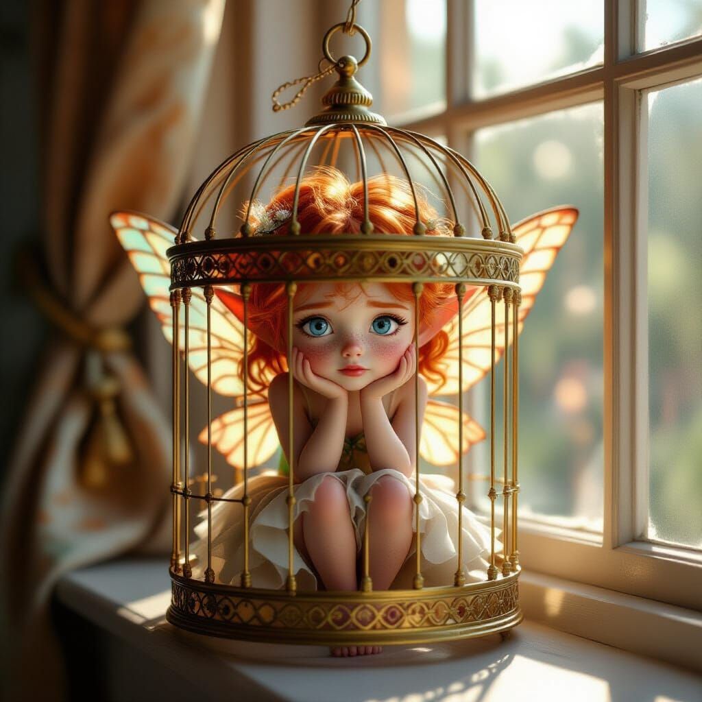 Fairytale Captivity: Freckled Fairy in Gilded Cage