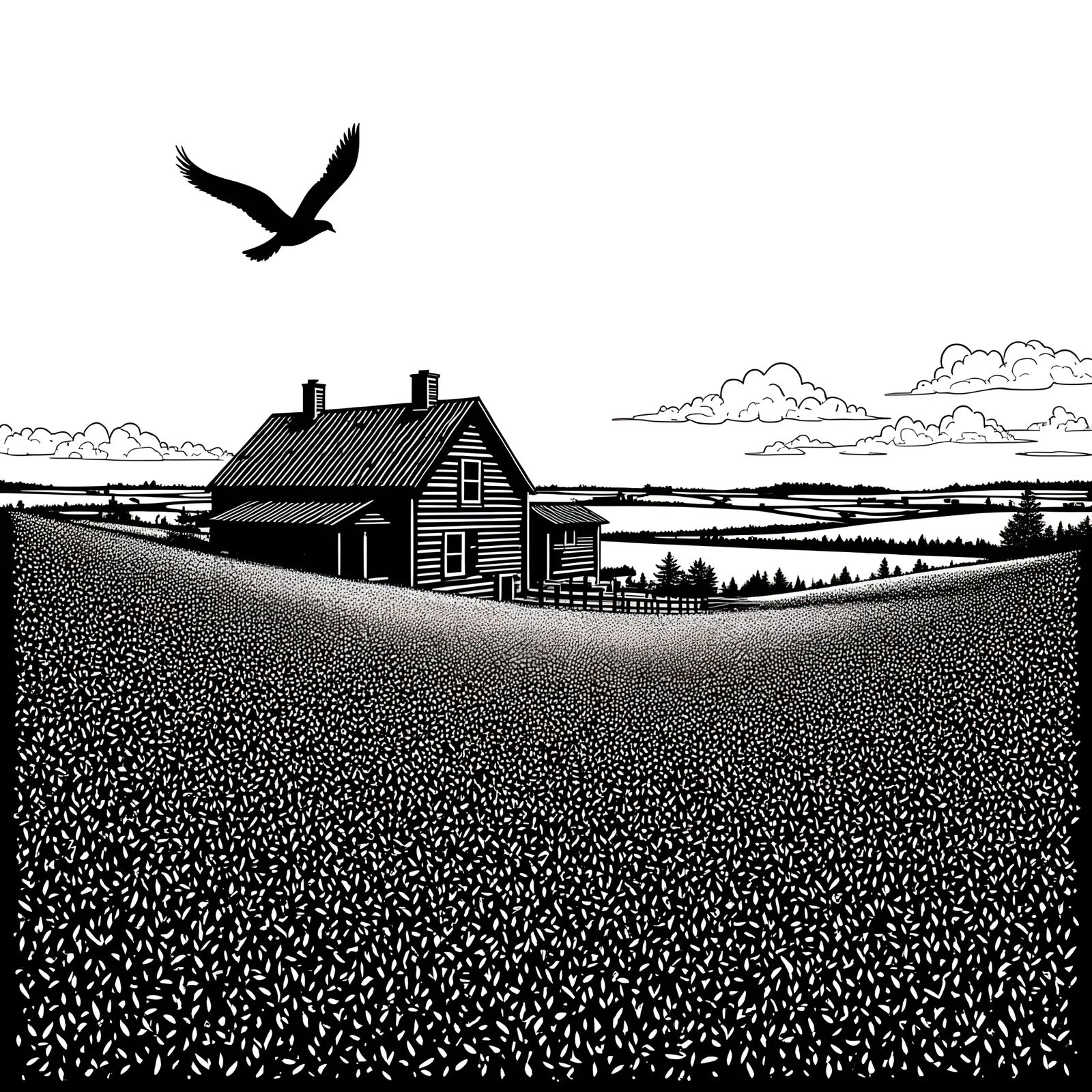 High Contrast Linoleum Print of Countryside
