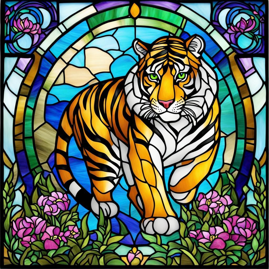 Stained Glass Window of a Bengal Tiger