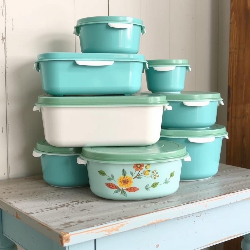 Vintage Tupperware Still Life in Watercolor Style