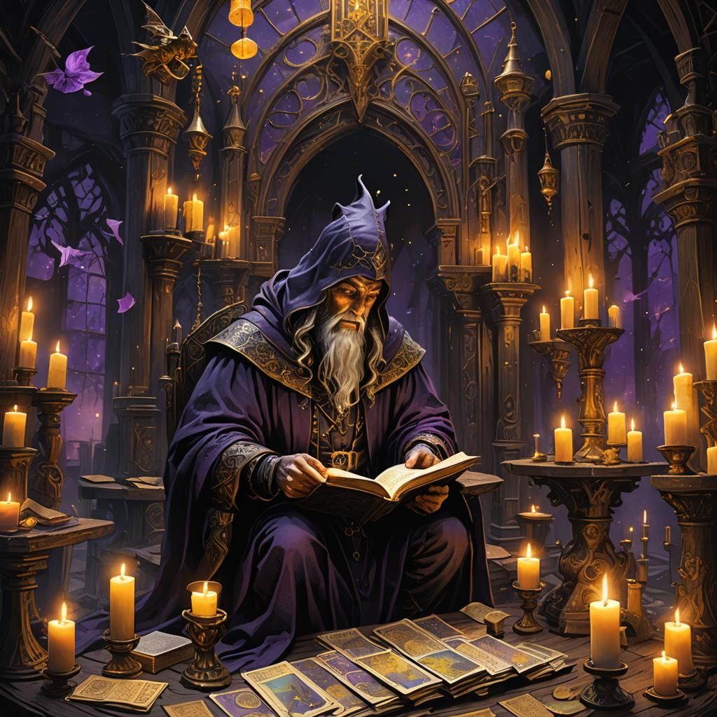 Dark Wizard Reading Tarot Cards as Art Nouveau