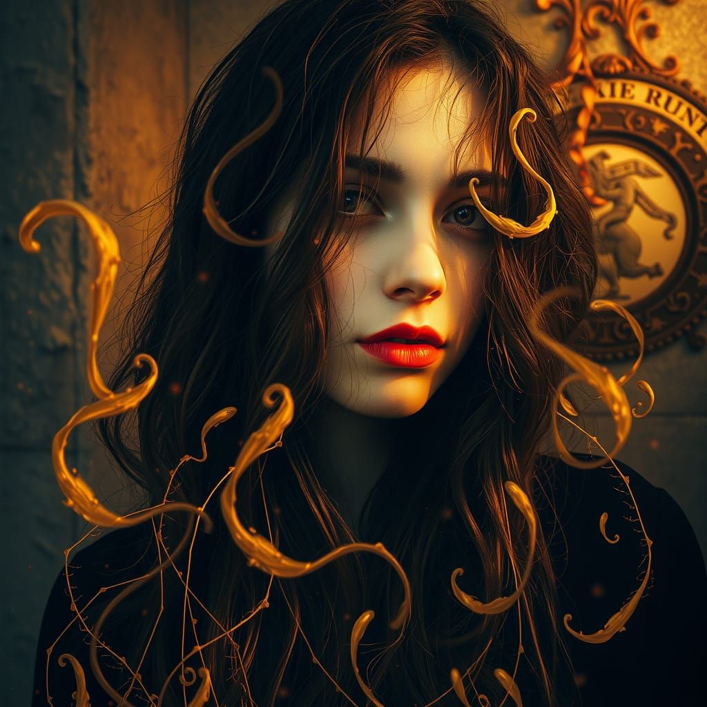 Gothic Postpunk Portrait of a Melancholic Woman in Gold Ligh...