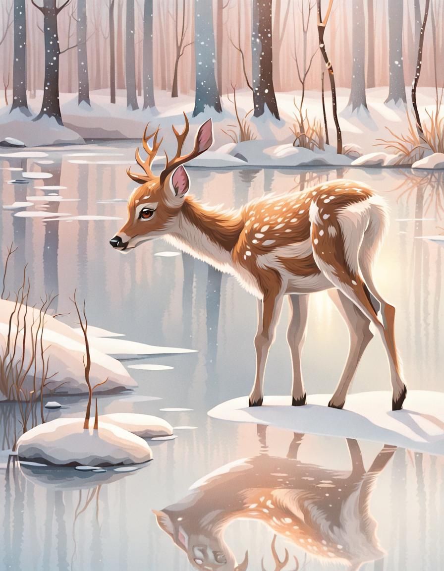 White Fawn Gazes at Reflection in Winter Forest