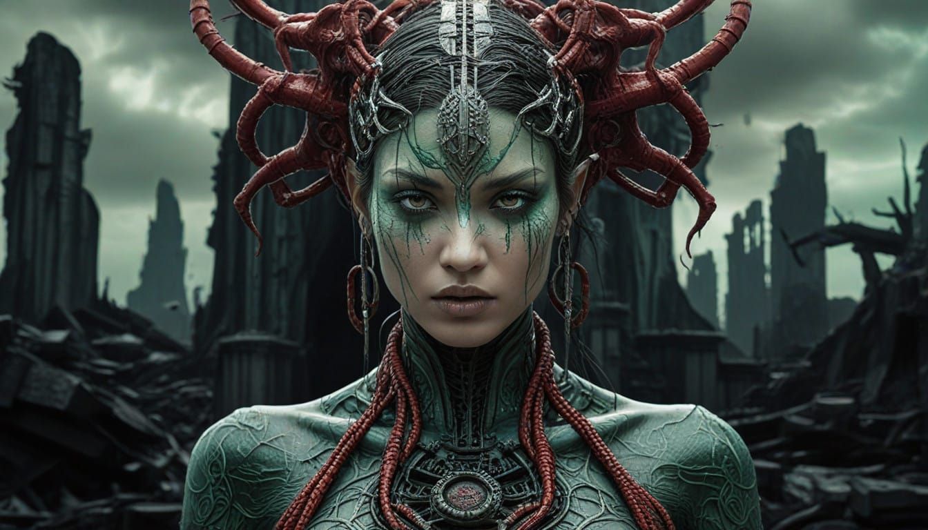 Reborn Goddess of the Apocalypse in a Cyberpunk Aesthetic