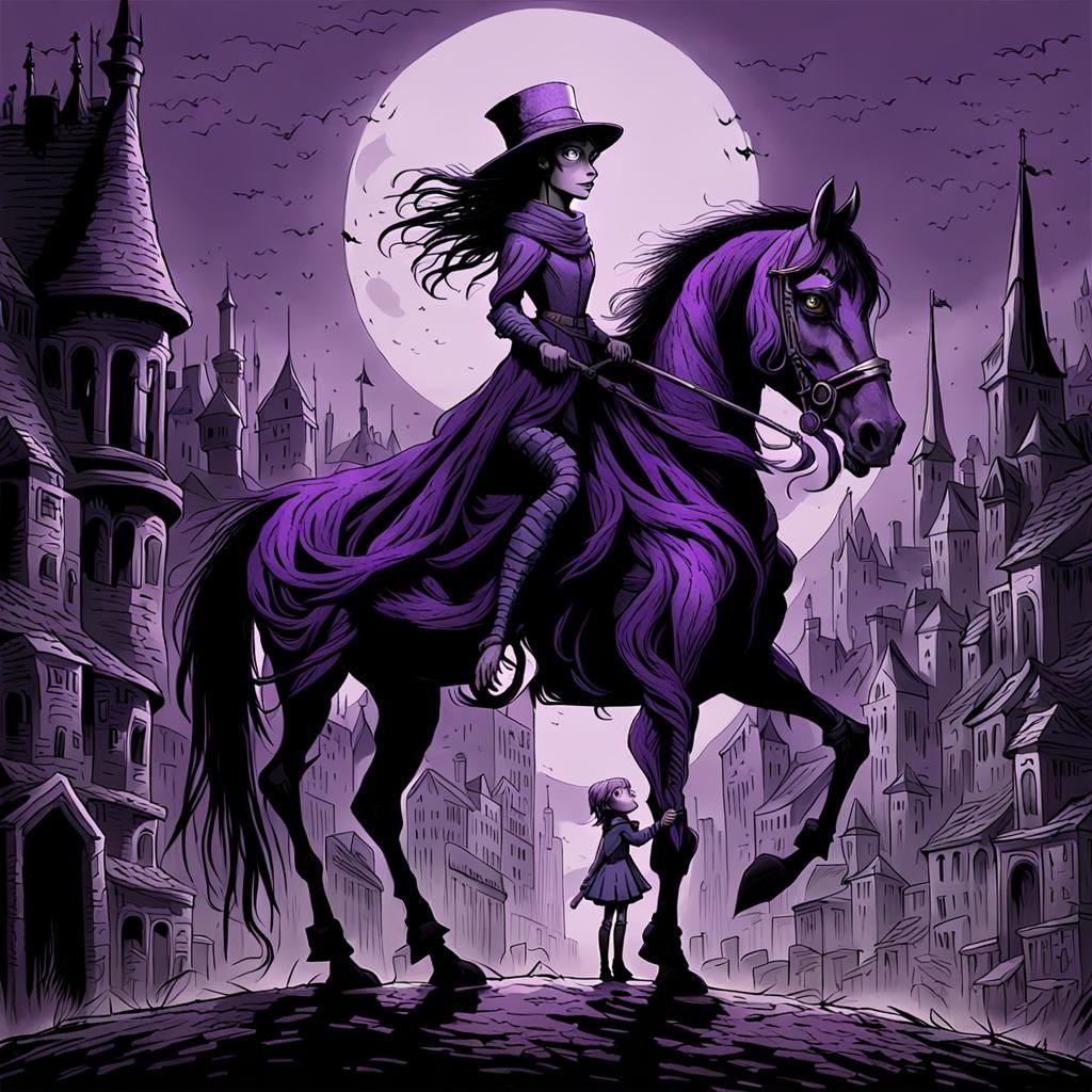 Eerie Purple Girl in Gothic City, Dark Fantasy Style