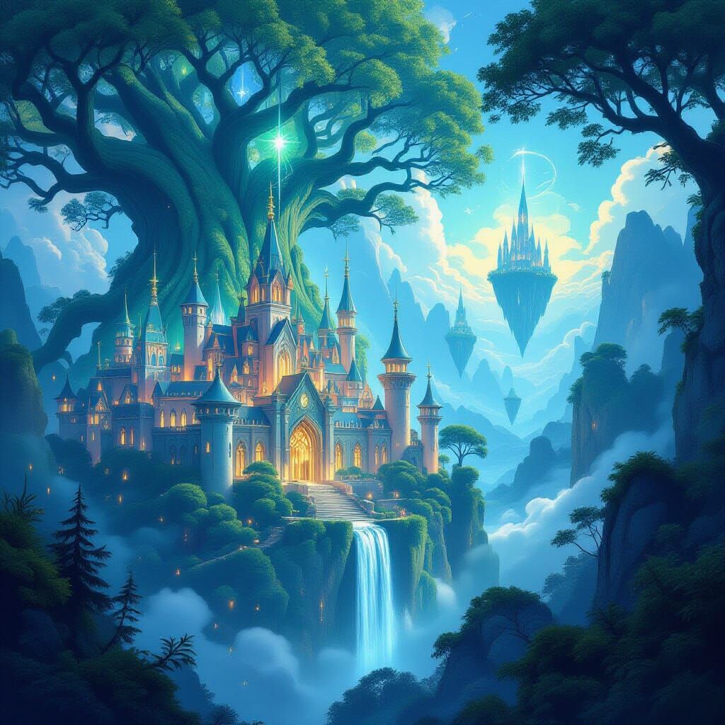 Magical Academy Amongst Giant Trees in Luminous Digital Art