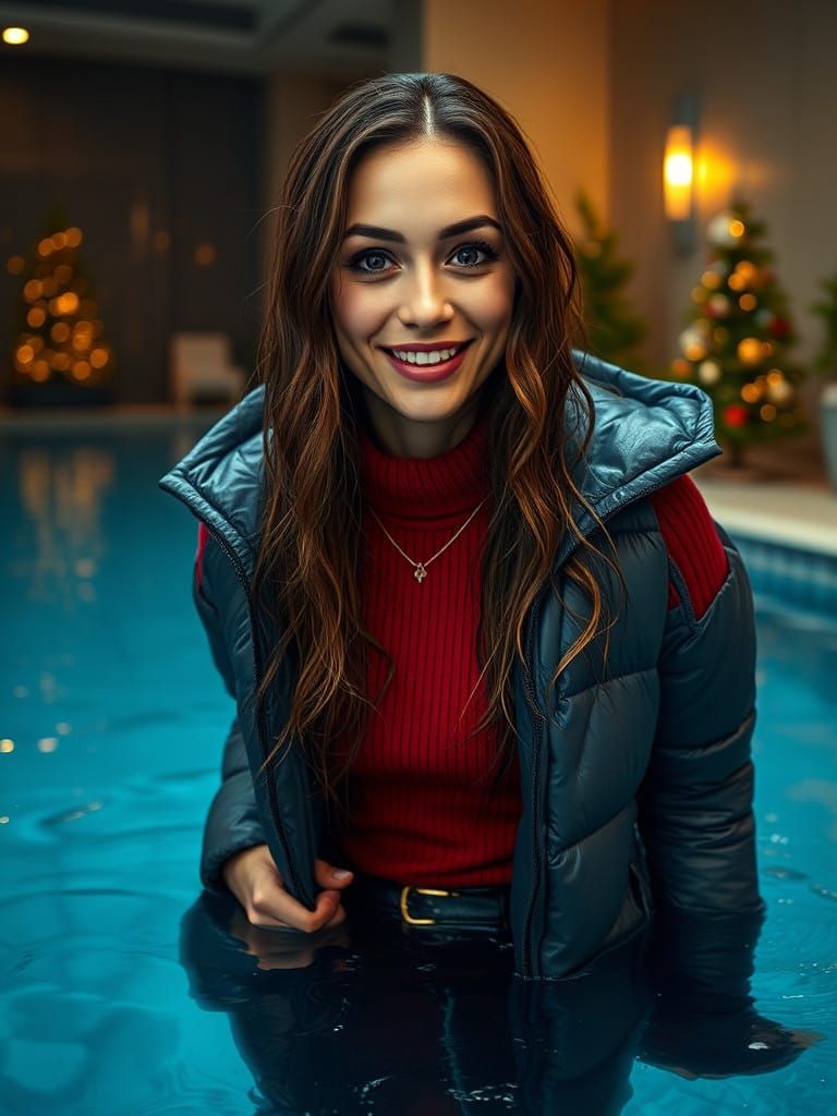 Elegant Woman Wades Through Water in Vibrant Puffer Coat