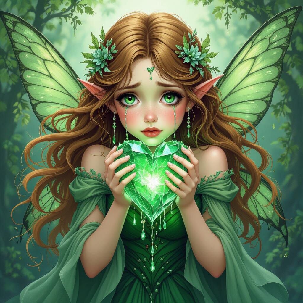 Crying Emerald Fairy with Broken Heart