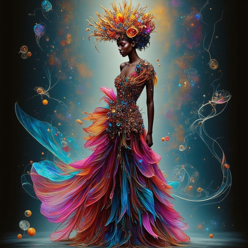 Vibrant Goddess in Flowing Gown with Iridescent Aura